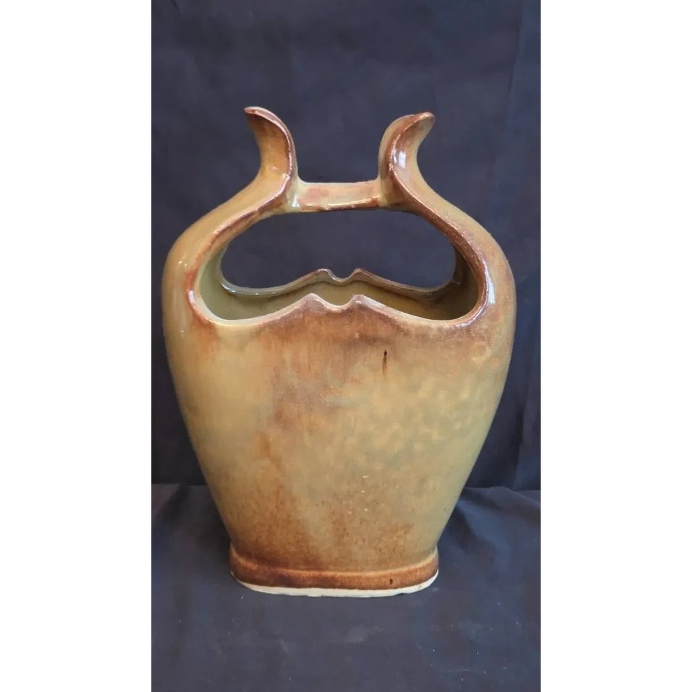 Studio Pottery Vase w/Split Basket Handle